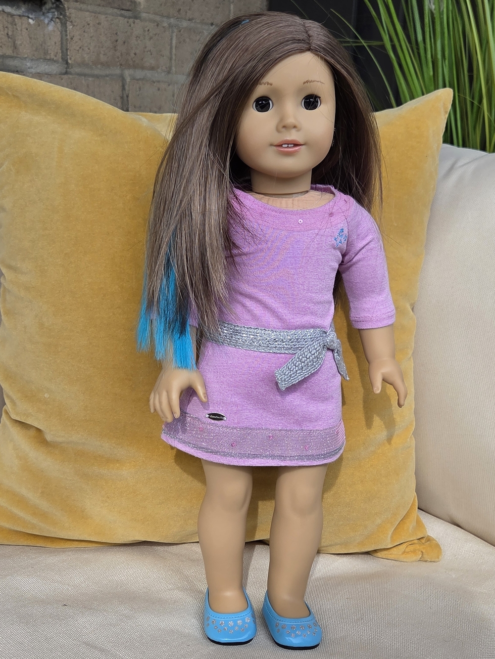 American Girl Purple Dress Doll Outfit with Blue Shoes